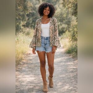 Liberty Love Boho Paisley Patchwork Kimono Cardigan Bell Sleeve Olive Pink S